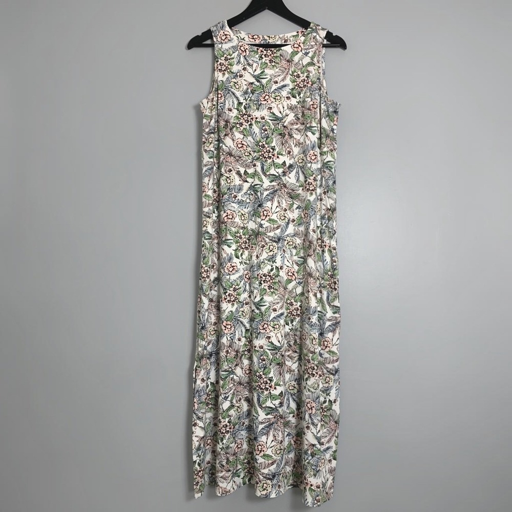 J. Jill Wearever Womens Maxi Dress Petite M White Floral Tropical Sleeveless